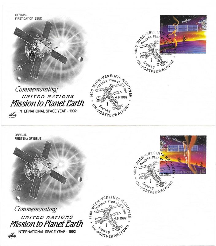 1992 UN FDC, Vienna #133-134, Mission to Planet Earth, Art Craft cachet (2)