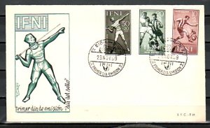 Ifni, Scott cat. B43-B45. Soccer players issue. First day cover.