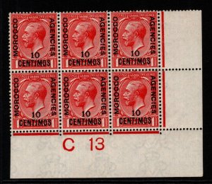 MOROCCO AGENCIES SG130 1914 10c on 1d SCARLET CONTROL C13 BLOCK OF 6 MNH