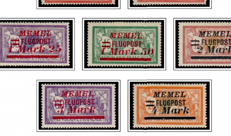 COLOR PRINTED MEMEL 1920-1923 STAMP ALBUM PAGES (14 illustrated pages)