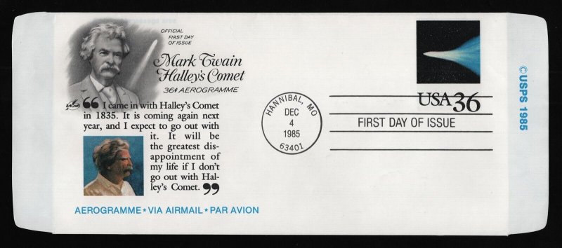 #UC60 36c Mark Twain & Halley's Comet, Art Craft H/C FDC **ANY 5=FREE SHIPPING**