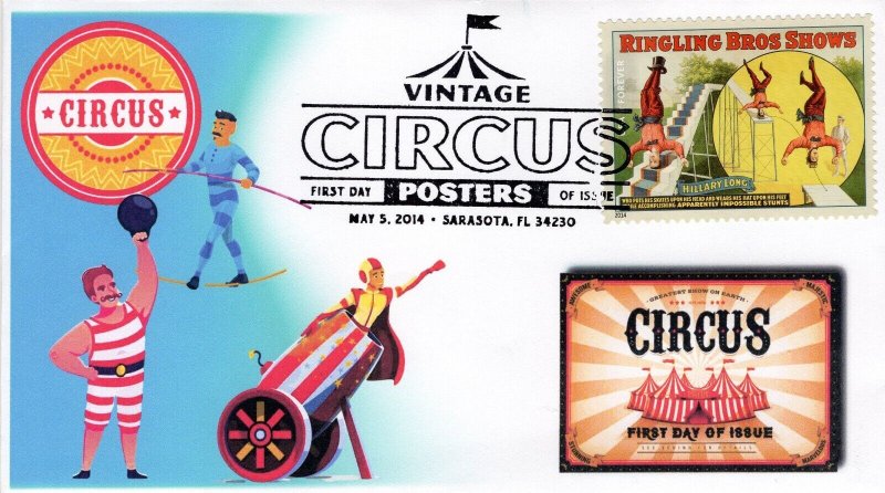 AO-4898-05, 2014, Vintage Circus Posters, Complete Set, FDC, Add-on Cachet,