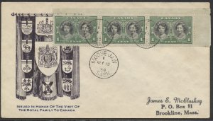 1939 #246 1c Royal Visit FDC Strip of 3 Coat of Arms Cachet Blue Text Moose Jaw