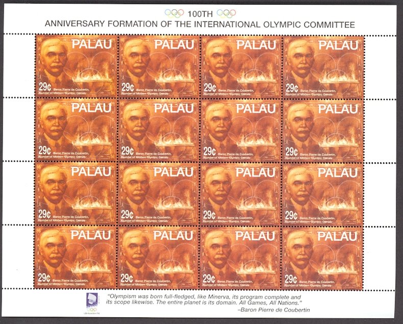 PALAU 1994 Pierre de Coubertin OLYMPICS Issue in Miniature Sheet Sc 327 x16 MNH