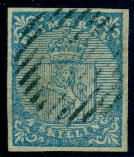 NORWAY #1 (1) 4sk Lion, used w/grid cancel, 4 even margins, VF, Scott $165.00