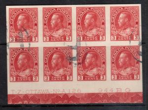 Canada #138 Extra Fine Used Plate #126 Block Of Eight With Registered Cancels