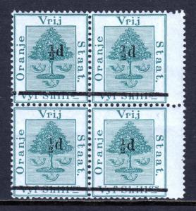 ORANGE RIVER COLONY — SCOTT 22 (SG 36) — 1882 ½d SURCH. — MH BLK/4 — SCV $96