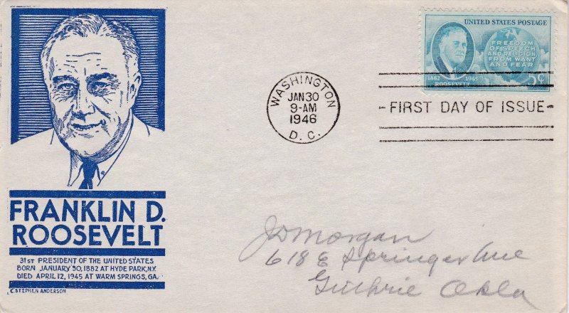 1946 FDC, #931, 5c Franklin D. Roosevelt, Anderson