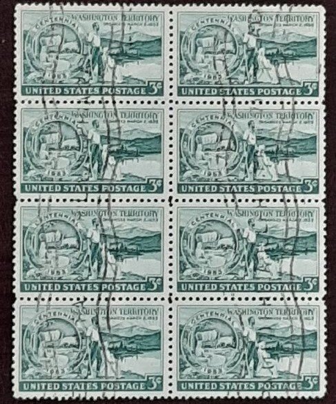 US Scott # 1019; used 3c Washington Terr, from 1953; block of 8; XF centering