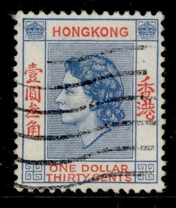 HONG KONG QEII SG188, $1.30 blue and red, FINE USED.