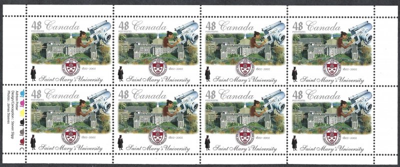 Canada #1944a 48¢ St. Mary's University (2002). Pane of 8 stamps. MNH