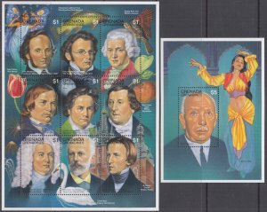 GRENADINES Sc #1865-6, 1867 MNH 2 SHEETS of 9 and S/S of FAMOUS COMPOSERS