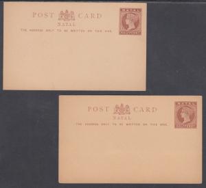 Natal H&G 1, 1a mint 1885 ½p brown QV Postal Cards, 2 different