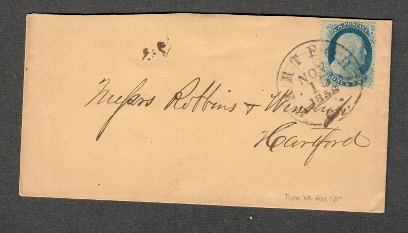 US Sc#24 Type Va Pos 13R5, 1858 Hartford CT Cover, Doporto Cert., Cv. $400