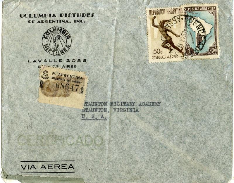 Argentina Scott C44, and Map On Registered 1948 Air Cover to Staunton, Virginia