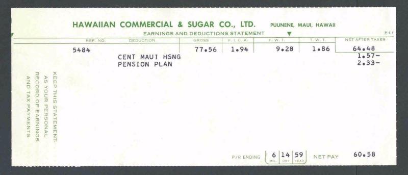 1959 Hawaiian Commercial Sugar Co Puunene Hi W/Bank Statement 