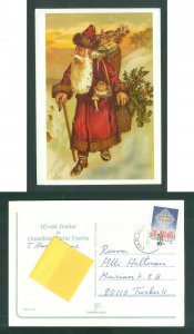 Finland. 1985 Christmas Card. Used. Santa,Sack,Toys,Tree. Embossed .Sc# 731