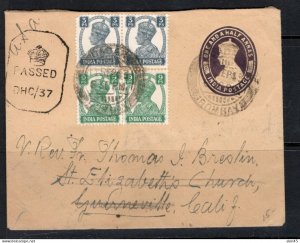 India 1943 Uprated Censored  PS Cover to USA WWII Used 17260