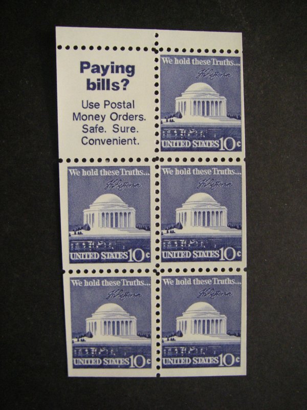 Scott 1510b, 10c Jefferson Memorial, pane of 5, Slogan 8, MNH Complete pane