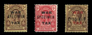 Turks & Caicos Islands #MR7-9S (SG 146-148s) Cat£130, 1918-19 War Tax, set o...