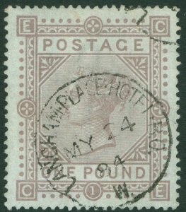 SG 132 £1 brown-lilac, watermark anchor on blued paper. Very fine used with a...