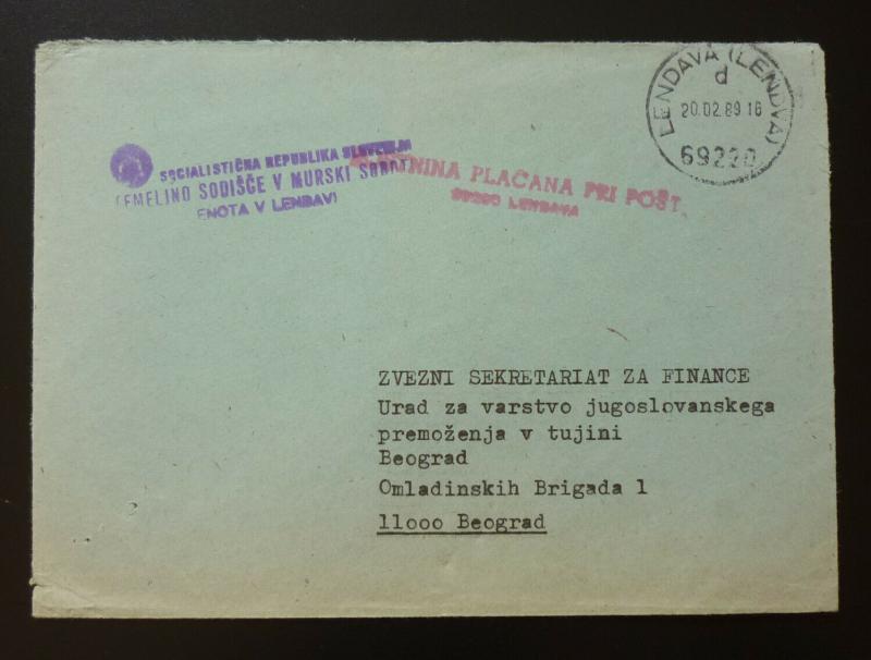 Slovenia 1989 Yugoslavia Cover From Lendava To Belgrade ! GN13