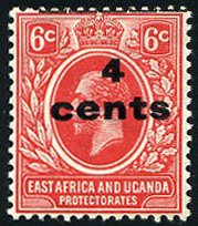 East Africa and Uganda #62var (SG 64var), 1919 4c on 6c carmine, with bars sh...