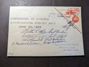 1936 USA Trial Flight Rocket Mail #1 Cover to McAllen TX Pilot Signed 26 of 41