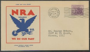 US 732 (1932) 3c Natioanl recovery Act/NRA (single) jon an addressed(typed) first day cover with a Linn's stamp news cachet