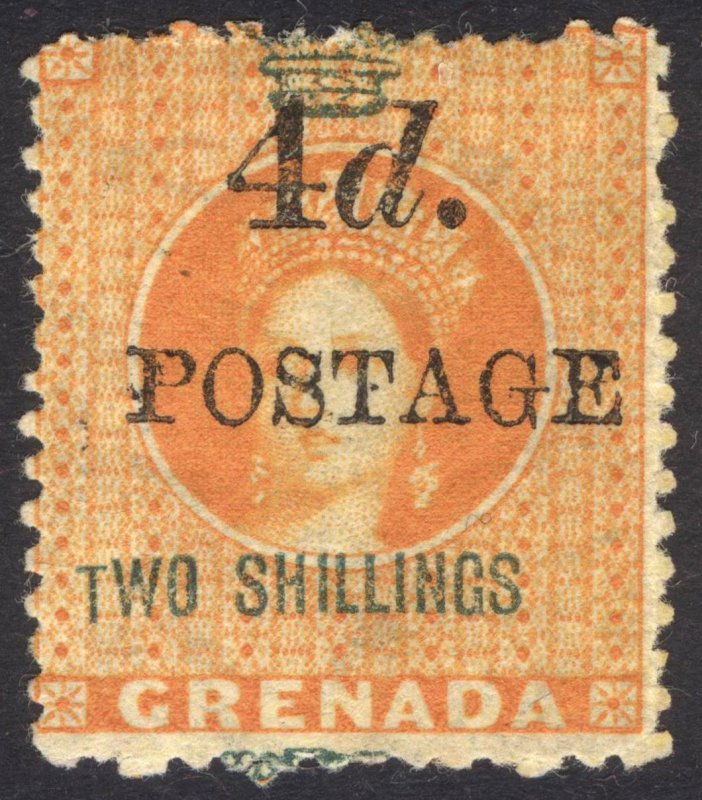 Grenada 1888 4d on 2s Orge DROPPED T in TWO SG 41v Scott 32v LMM/MLH Cat £-($-)