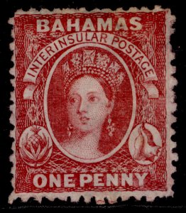 BAHAMAS QV SG21x, 1d carmine Lake, UNUSED. Cat £130. WMK REV