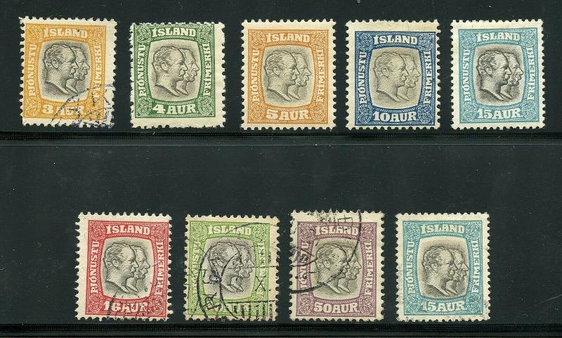 ICELAND SCOTT# O31-39 FINELY USED & MINT LH AS SHOWN CATALOGUE VALUE $147.25