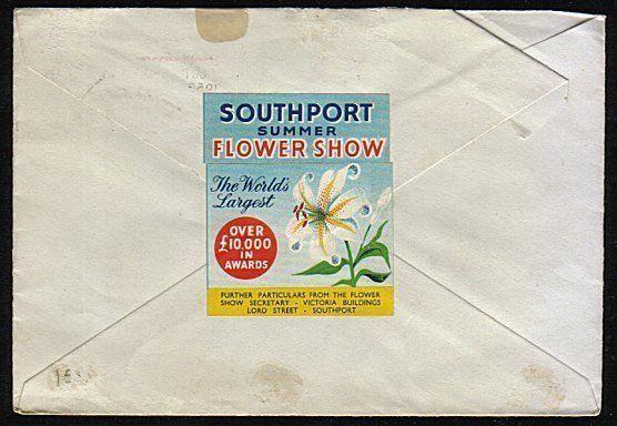 GB 1953 cover SOUTHPORT FLOWER SHOW cinderella reverse.....................44471