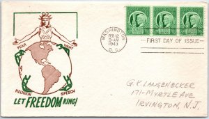 U.S. FIRST DAY COVER FREEDOM OF SPEECH AND RELIGION STRIP OF (3) CACHETED 1943
