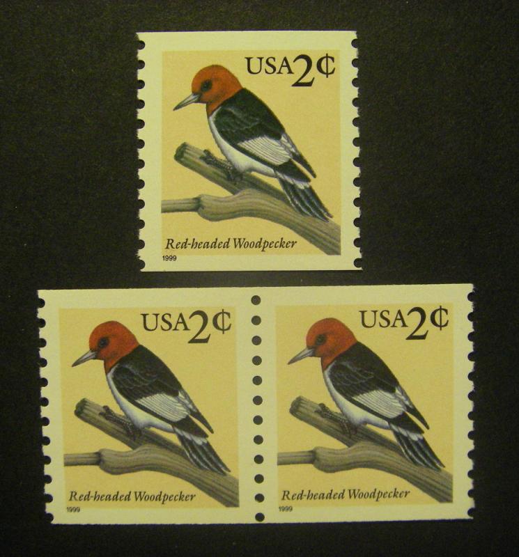 Scott 3045, 2c Red-headed Woodpecker, Single & Pair MNH Coil Beauties