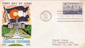 USA FDC 1951 Sc 1001 Fluegel Cachet Colorado Statehood First Day Cover