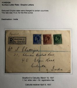 1937 Bradford England Registered Cover To Calcuta India