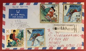 Bhutan, 1972, Scott #115G, 117J, 129K, 135 Used on Registered Cover to New York