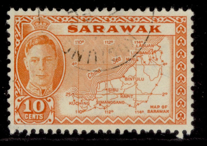 SARAWAK GVI SG186, 10c orange, FINE USED.