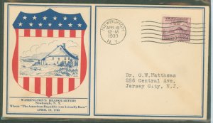 US 727 1933 3c Washington's Headquarters on an addressed, typed, FDC with a Hobby Cover Service Cachet