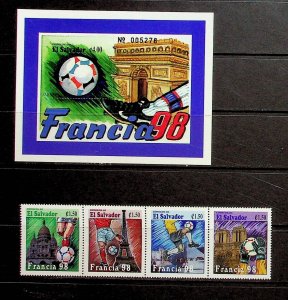 SALVADOR Sc 1481-2 NH STRIP+SOUVENIR SHEET OF 1998 - SOCCER WORLD CUP