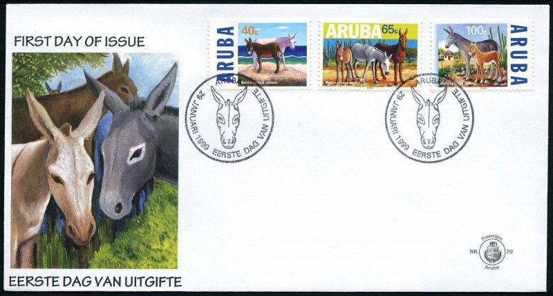 Aruba 167-169 FDC.Michel 229-231. Endangered Animals 1999:Equus asinus.