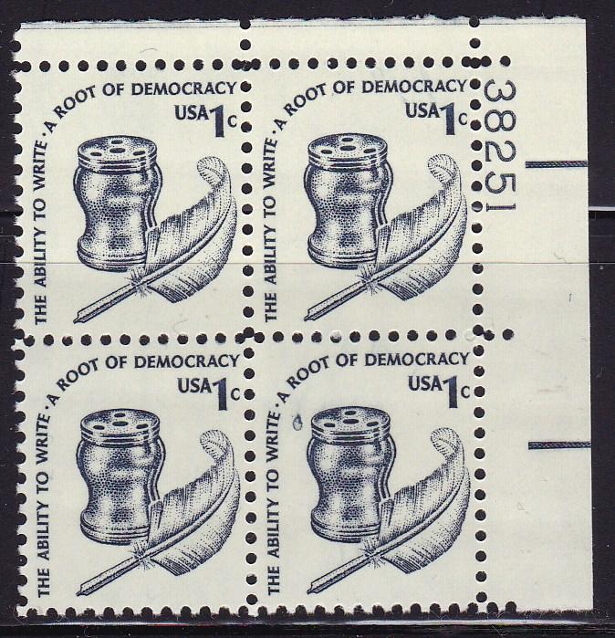 U.S. 1975 Americana Issue 1cent Quill Pen  Plate Number Block VF/NH