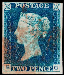 Sg5, 2d blue PLATE 1, good used. Cat £850. RED MX. 4 MARGINS. BG