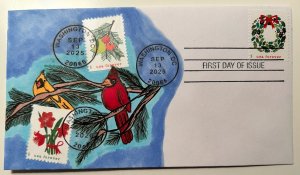 2025 Holiday Cheer FDC Hand Drawn Cachet 3 Stamps Extension Art Cardinals Pine