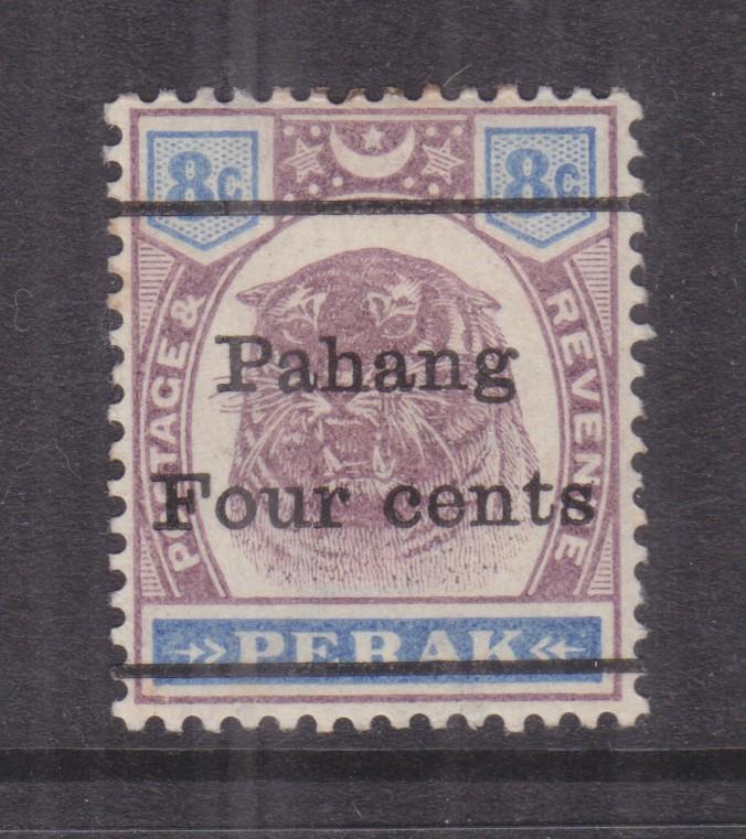 PAHANG, MALAYSIA, on Perak, Four Cents on 8c. Tiger, lhm.