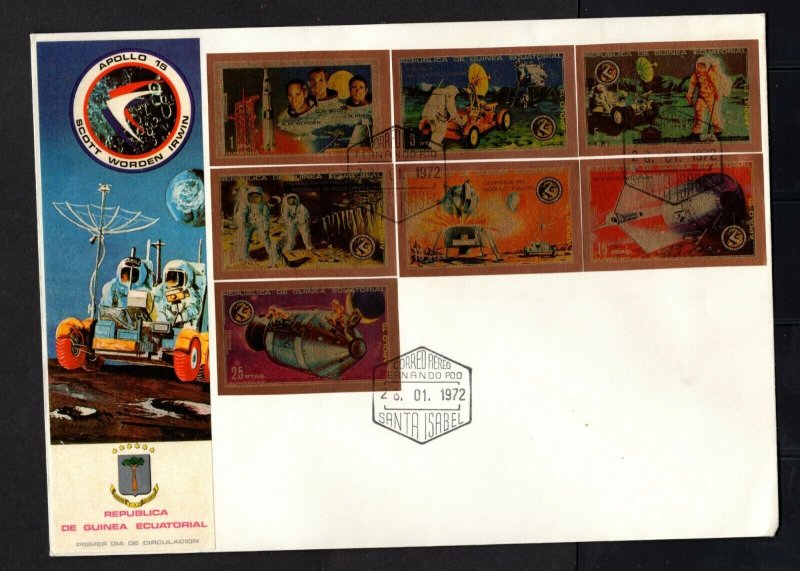 Equatorial Guinea  #7201-07i  (1972 Apollo 15 set imperforate) VF used on FDC