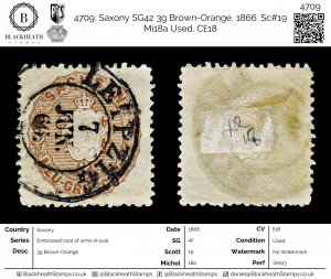 4709: Saxony SG42 3g Brown-Orange. 1866. Sc#19 Mi18a Used. C£18