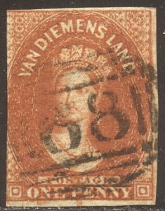 TASMANIA #7 SCARCE Used - 1856 1p Pale Red, Unwmkd