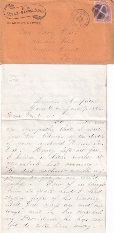 1865 U.S. Christian Commission, Lincoln Hospital, Washington DC to ... (M6950)